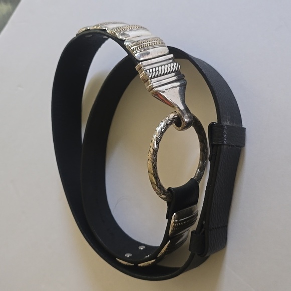 Chico's Womens Black leather Belt Silver Square Pieces Hook loop Closure Sz.42 - Picture 7 of 16